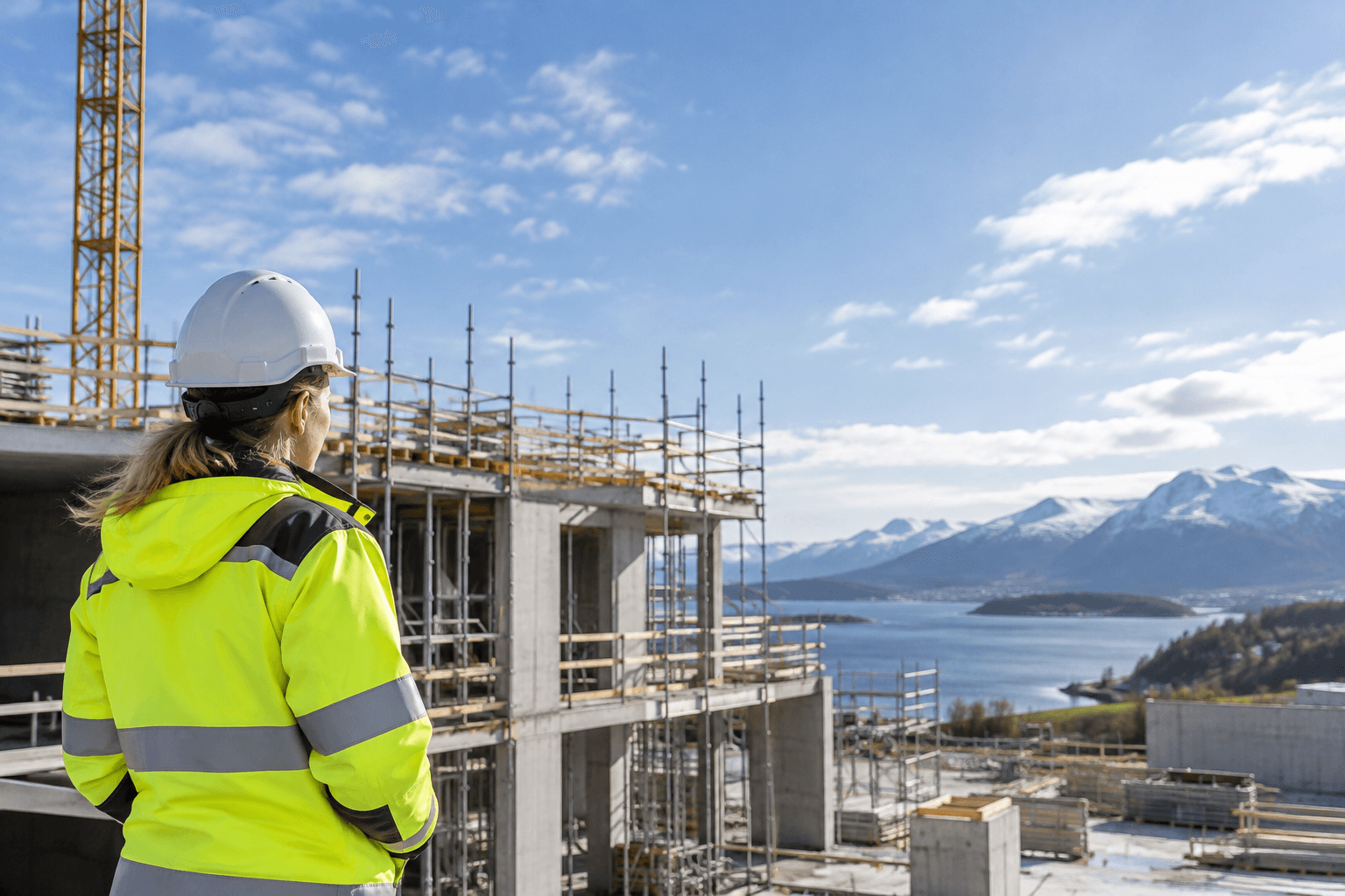 Construction worker in a hard hat beside scaffolding on a building site