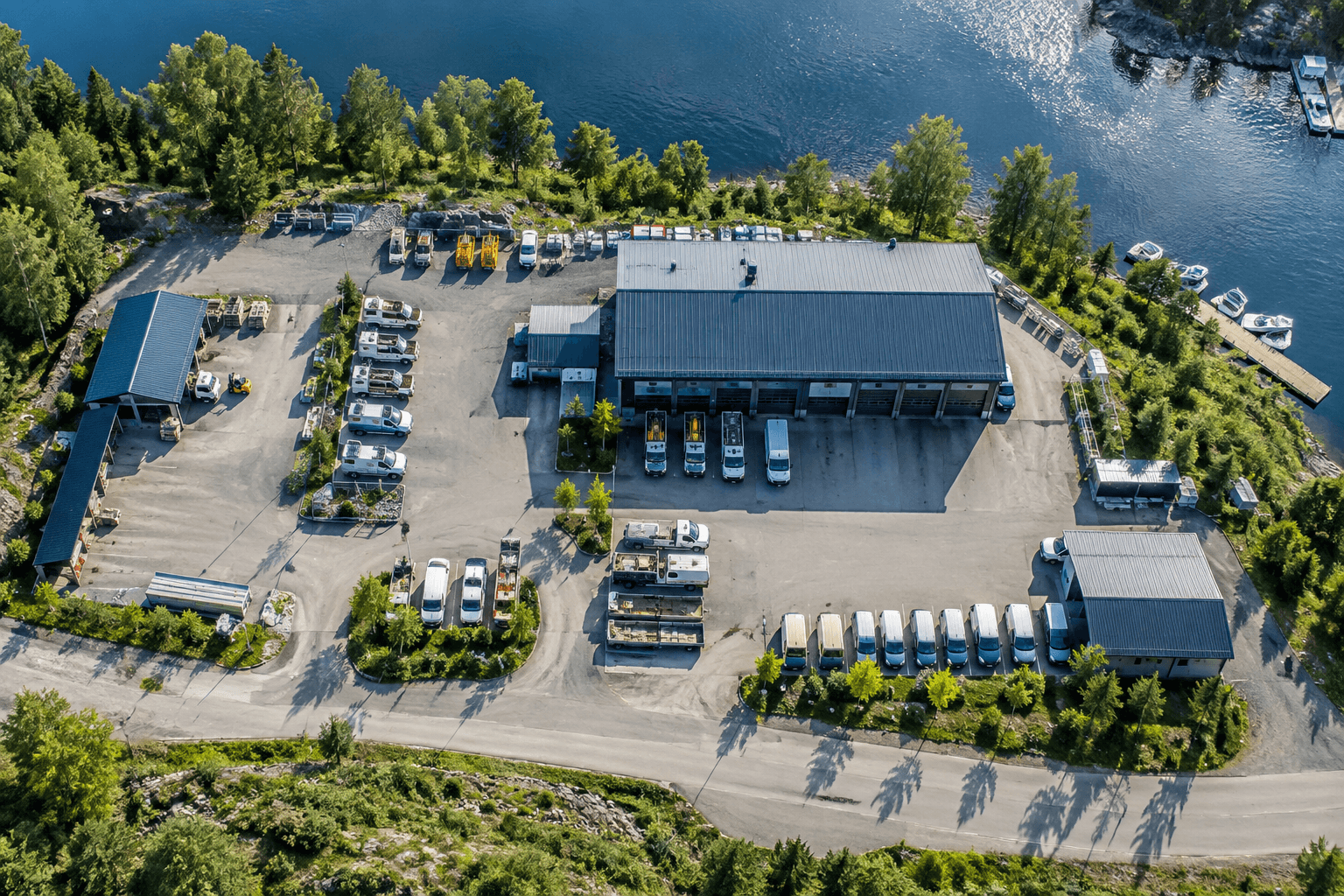 Aerial view of a service depot beside a lake