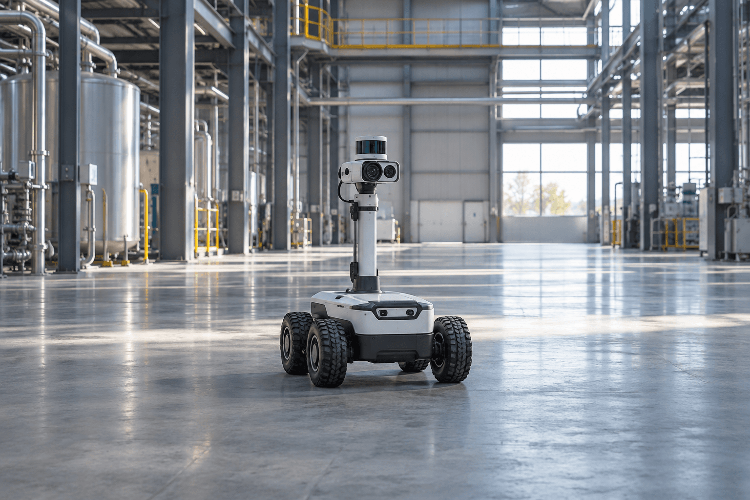 Wheeled inspection robot with a sensor mast inside an industrial hall
