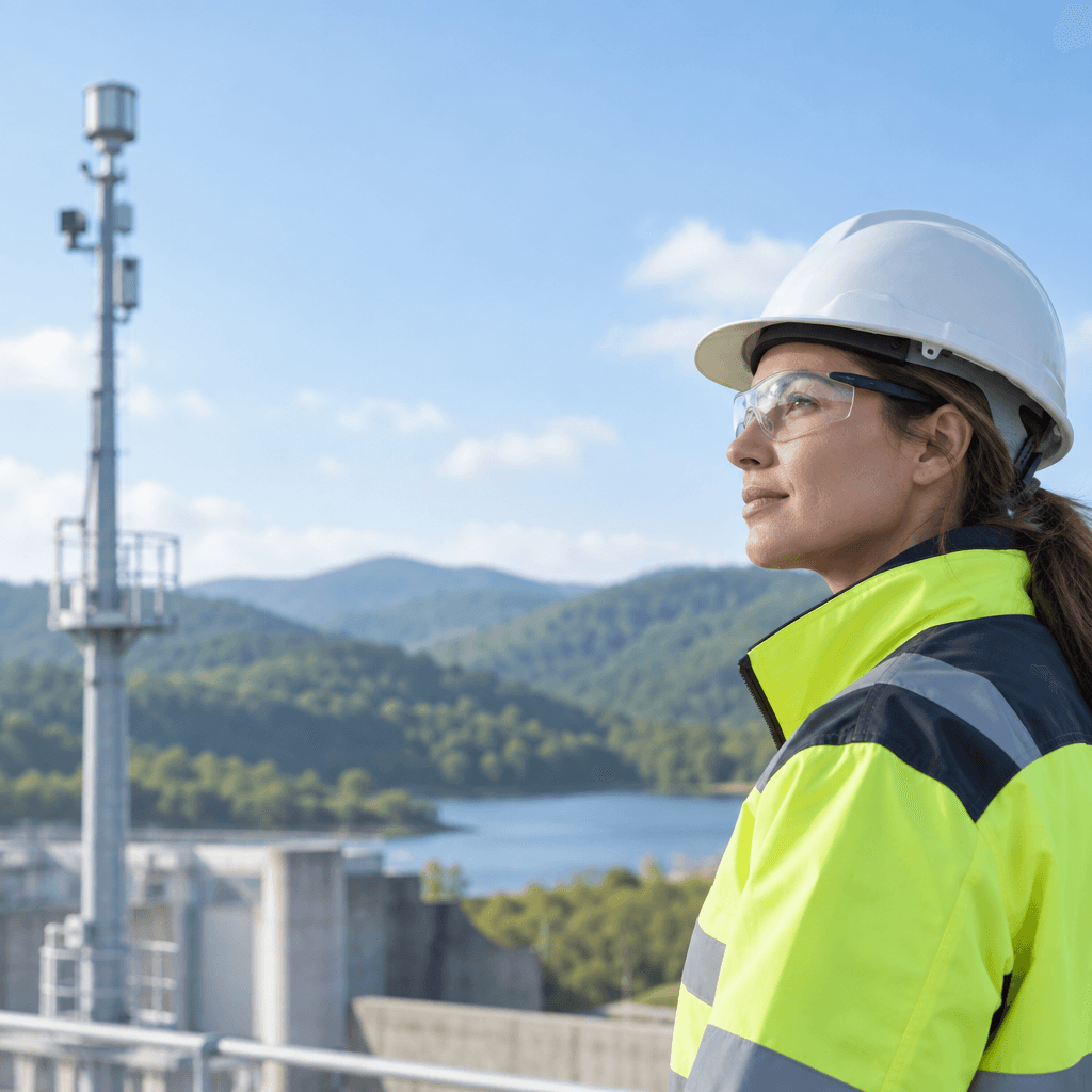 Field technician in a hard hat and high-visibility jacket at a utility site